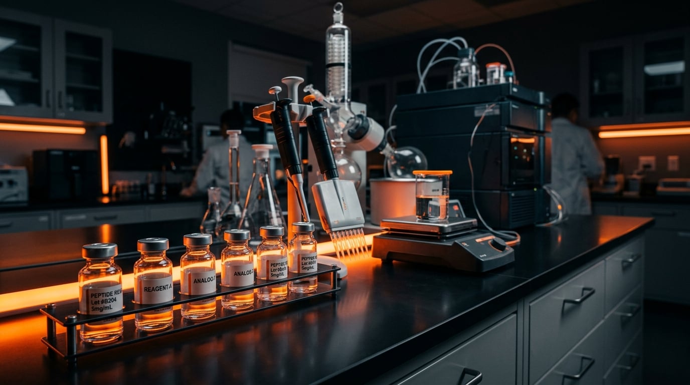 Premium research laboratory with peptide vials and scientific equipment