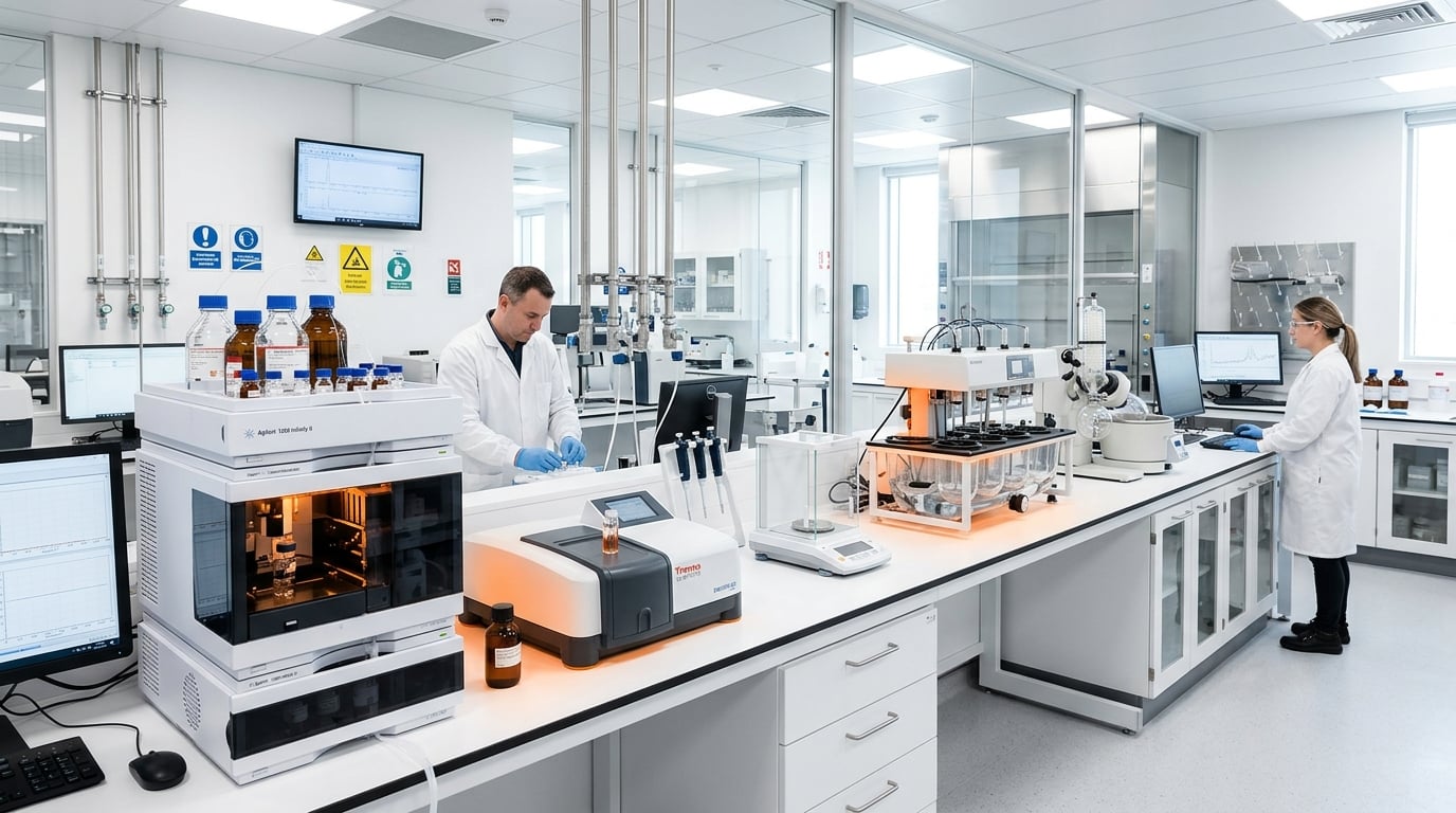 Quality assurance laboratory with analytical instruments for peptide testing